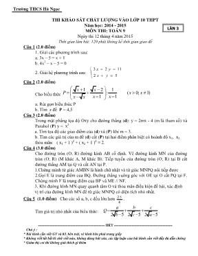 Đề thi khảo sát chất lượng vào Lớp 10 THPT môn Toán lần 3 - Năm học 2014-2015 - Trường THCS Hà Ngọc (Có đáp án)